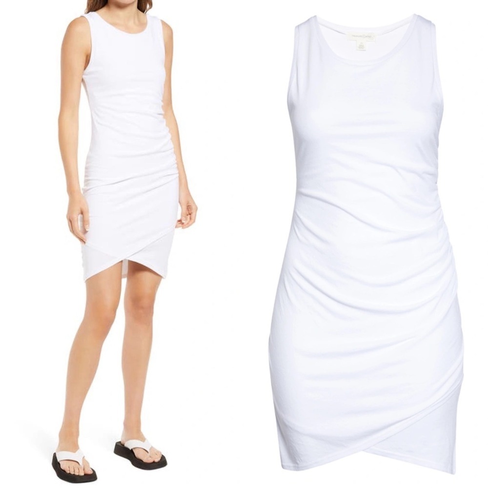 Nordstrom Ruched Side Sleeveless Dress White‎ Size XS Crossover Hem Minimalist